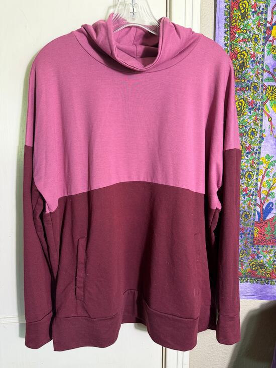 ZELOS Sweaters - Zelos Color Block Cowl Neck Hoodie Pink Burgundy Pullover Sweatshirt - Large